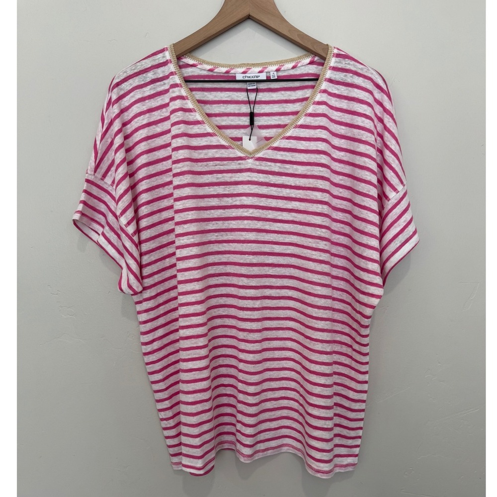 NWT Chicos 100% Linen Easy Stripe Tee Pink Gold Trim Boxy Relaxed XXL Chico's 4